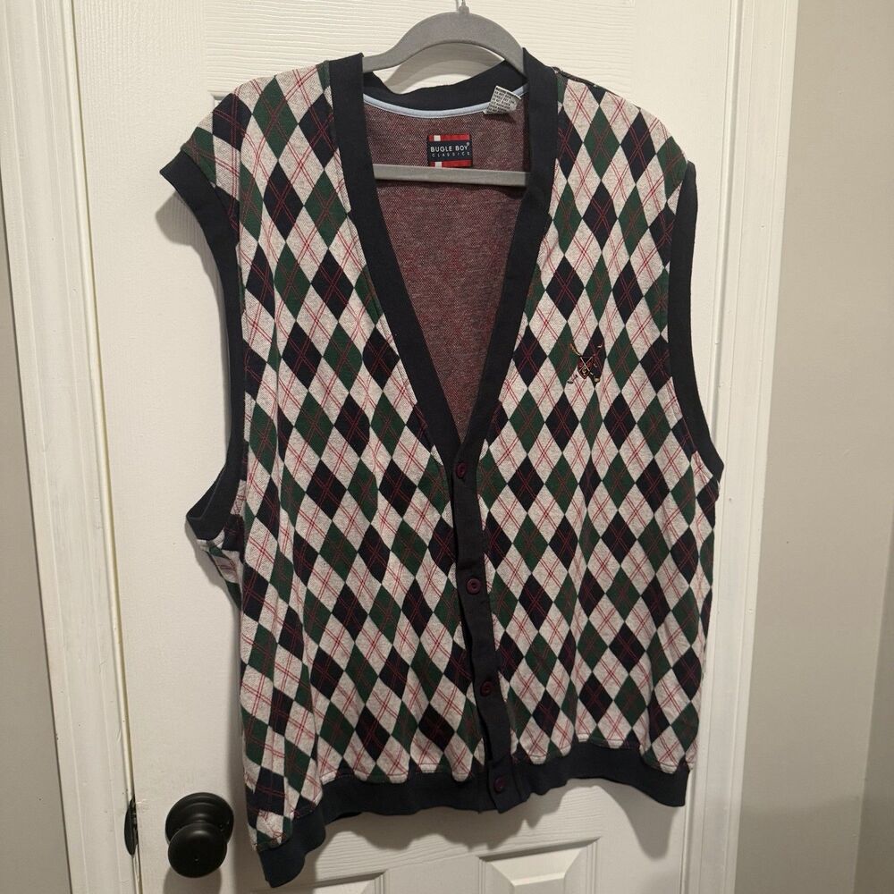 Bugle Boy Classics Argyle Sweater Vest XXL 100% Cotton Button Front Preppy